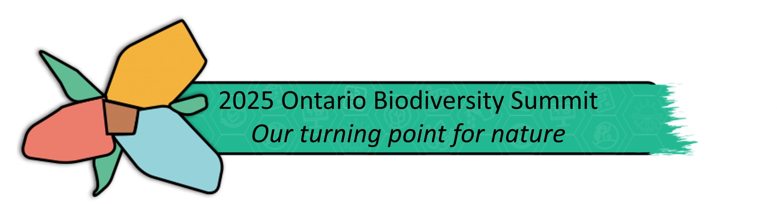 Coloured stylized trillium logo and heading text for the 2025 Ontario Biodiversity Summit, Our turning point for nature