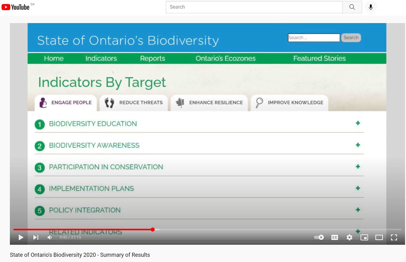Screen shot of video showing state of Ontario's biodiversity indicators