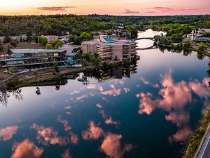 Aerial sunset view of the Trent University Campus